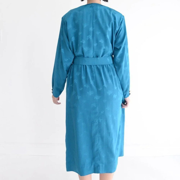 Vintage Teal Midi  Dress with Shoulder Pads & Belt - Picture 4 of 14